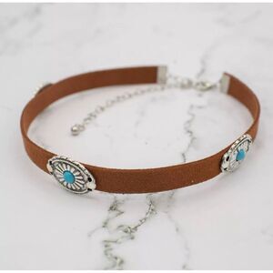 Soft Leather Brown‎ Choker Necklace with Silver & Turquoise Concho